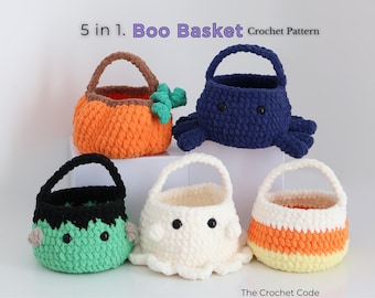 5 in 1 No Sew Boo Basket Crochet Pattern | Halloween Amigurumi Pattern | Frankenstein, Ghost, Pumpkin, Spider & Candy Corn Boo Bag