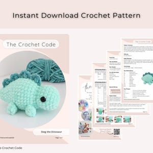 May include: An image of a crochet pattern for a Stegosaurus dinosaur. The pattern includes instructions and a finished example of a teal-colored dinosaur with a spiky back. The text "Instant Download Crochet Pattern" is at the top.