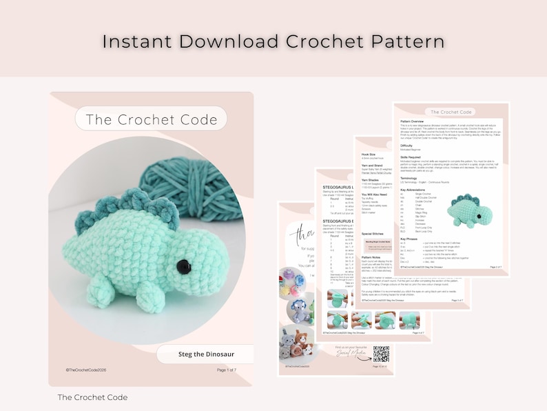 May include: An image of a crochet pattern for a Stegosaurus dinosaur. The pattern includes instructions and a finished example of a teal-colored dinosaur with a spiky back. The text "Instant Download Crochet Pattern" is at the top.