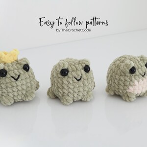 May include: Three crocheted frog plushies in shades of green, each with black eyes and a smiling mouth. One frog wears a yellow crown. The text "Easy to follow patterns" is above the frogs.
