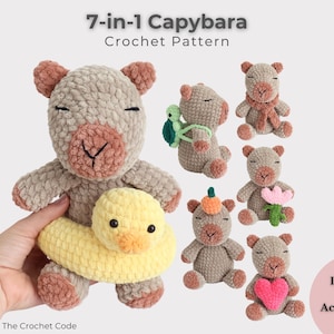 May include: A collection of crocheted capybara plushies, each with unique accessories. The main capybara holds a yellow duck. The image includes text that reads "7-in-1 Capybara Crochet Pattern" and "Includes 6 Accessories!"