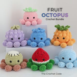 May include: A collection of six colorful crochet octopus plushies, each designed to resemble a different fruit. The plushies include a pink strawberry, purple grape, blue blueberry, orange pineapple, green kiwi, and red watermelon. The text "FRUIT OCTOPUS Crochet Bundle" is displayed.