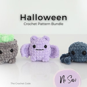 May include: A Halloween-themed crochet pattern bundle featuring three plush toys: a gray cauldron with green foam, a purple bat, and a blue spider. The toys have black button eyes and are made of soft, textured yarn. The text "Halloween Crochet Pattern Bundle" is displayed.