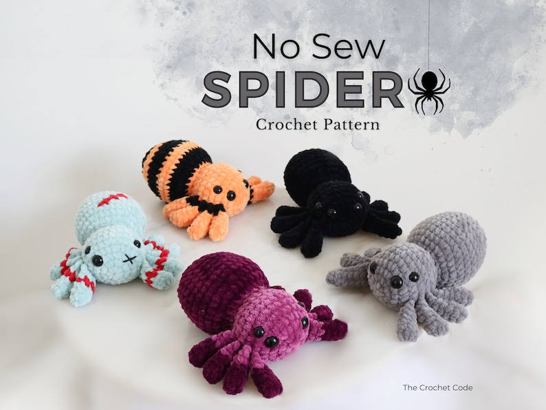 Five cute Halloween crochet amigurumi spiders each with different colour changes to create a unique look