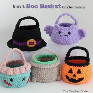 May include: Five crochet baskets featuring a 5 in 1 Boo Basket Crochet Pattern. Designs include a black witch hat, a purple bat, a light blue monster with red stitches, a beige basket, and an orange pumpkin with a black face. The Crochet Code.