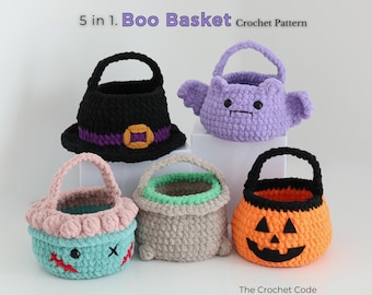 5 in 1 Boo Basket Crochet Pattern, No Sew Halloween Crochet Pattern, Halloween Amigurumi, Bat Zombie Pumpkin Witch Cauldron