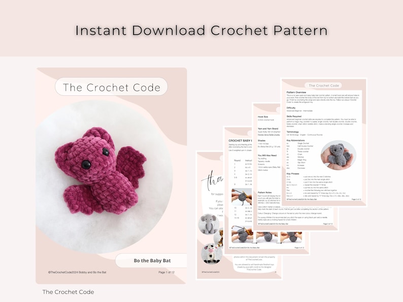 K&ouml;nnte beinhalten: Ein digitales H&auml;kelmuster mit dem Titel "The Crochet Code", das eine magentafarbene Pl&uuml;schfledermaus namens "Bo the Baby Bat" zeigt. Das Muster enth&auml;lt Anweisungen und Bilder, mit dem Text "Instant Download Crochet Pattern" oben.