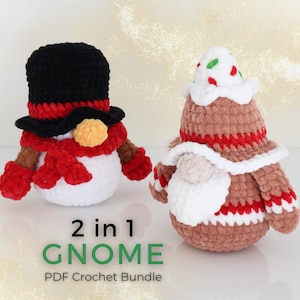 May include: Two crochet figures: a snowman and a gnome. The snowman has a black top hat, red scarf, and mittens. The gnome is brown with a white beard and a red and white hat. The text "2 in 1 GNOME PDF Crochet Bundle" is at the bottom.