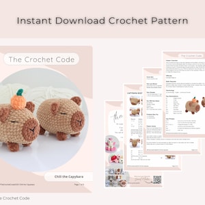 May include: An instant download crochet pattern titled "The Crochet Code" featuring two crocheted capybaras. One capybara has a small orange pumpkin on its head. The pattern includes instructions and images. The text "Instant Download Crochet Pattern" is at the top.