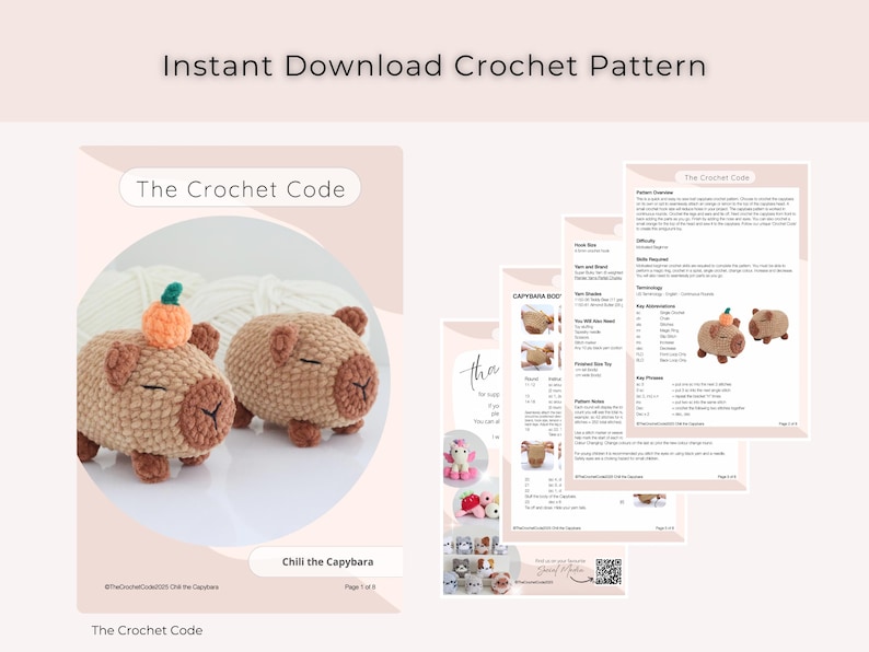 May include: An instant download crochet pattern titled "The Crochet Code" featuring two crocheted capybaras. One capybara has a small orange pumpkin on its head. The pattern includes instructions and images. The text "Instant Download Crochet Pattern" is at the top.