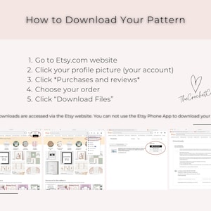 May include: A guide titled "How to Download Your Pattern" with numbered steps for Etsy digital downloads. The steps include visiting Etsy.com, clicking the profile picture, selecting purchases, choosing an order, and downloading files. The Crochet Code logo is also present.