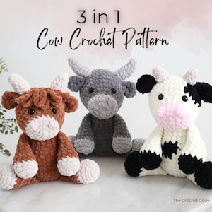 3 in 1 Cow Crochet Patterns, Dairy Cow, Highland Cow and Bull Amigurumi Pattern, DIY Cute Farm Stuffed Animals, Instant Download PDF