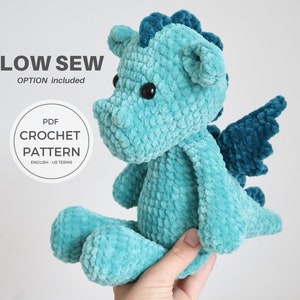 May include: A crochet pattern for a teal blue dragon amigurumi toy. The pattern includes a low sew option. PDF Crochet Pattern, English - US Terms.