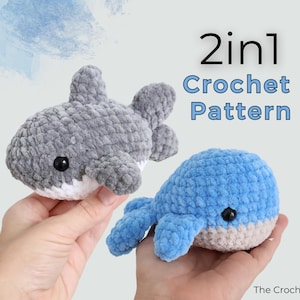 Könnte beinhalten: Ein Häkelmuster zum Herstellen eines grauen Hais und eines blauen Wals. Das Muster heißt "2 in 1 Crochet Pattern" und stammt von "The Crochet Code".