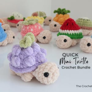 May include: A collection of handmade crochet turtles with various fruit-themed shells, including watermelon, strawberry, and pineapple. The turtles are in shades of beige, pink, green, and blue, with black eyes. The text "Quick Mini Turtle Crochet Bundle" is visible.