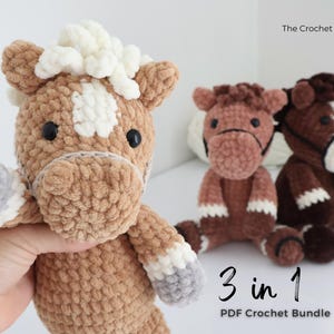 Three plush crochet horse toys in shades of brown, tan, and white. One is held by a hand, while two others sit in the background. The text "3 in 1 PDF Crochet Bundle" is visible.