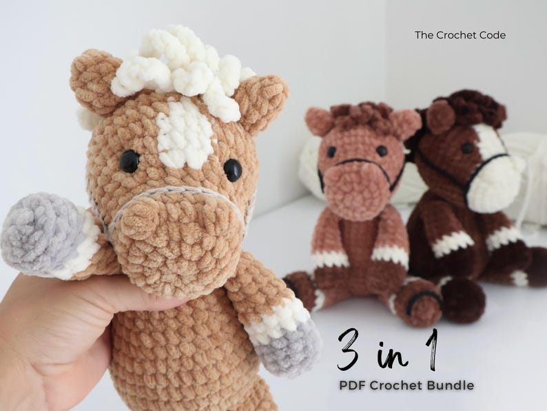 Three plush crochet horse toys in shades of brown, tan, and white. One is held by a hand, while two others sit in the background. The text "3 in 1 PDF Crochet Bundle" is visible.