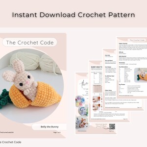 May include: A crochet pattern download featuring a soft, plush bunny nestled in a yellow carrot. The pattern includes instructions and diagrams. The text "Instant Download Crochet Pattern" is at the top.