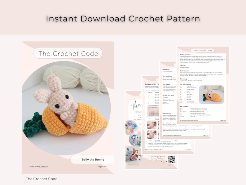 May include: A crochet pattern download featuring a soft, plush bunny nestled in a yellow carrot. The pattern includes instructions and diagrams. The text "Instant Download Crochet Pattern" is at the top.