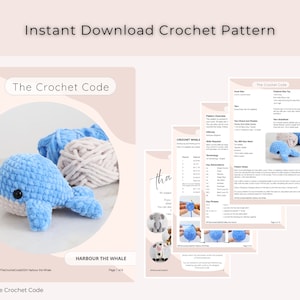 Op de afbeelding: Een digitaal haakpatroon getiteld "The Crochet Code" met een blauwe en witte gehaakte walvis. Het patroon bevat instructies en diagrammen. De afbeelding toont ook bollen blauw en wit garen. Tekst op de afbeelding luidt "Instant Download Crochet Pattern".