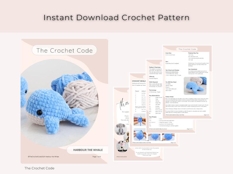 Op de afbeelding: Een digitaal haakpatroon getiteld "The Crochet Code" met een blauwe en witte gehaakte walvis. Het patroon bevat instructies en diagrammen. De afbeelding toont ook bollen blauw en wit garen. Tekst op de afbeelding luidt "Instant Download Crochet Pattern".