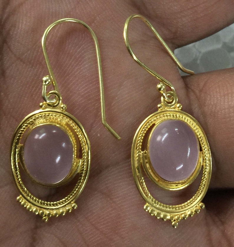 Rose Quartz Oval Handmade Design 925 Sterling Silver 18 crt Gold Plated Earring,Pink Stone Earring,Handmade Earring,Cab Stone Earring Silver