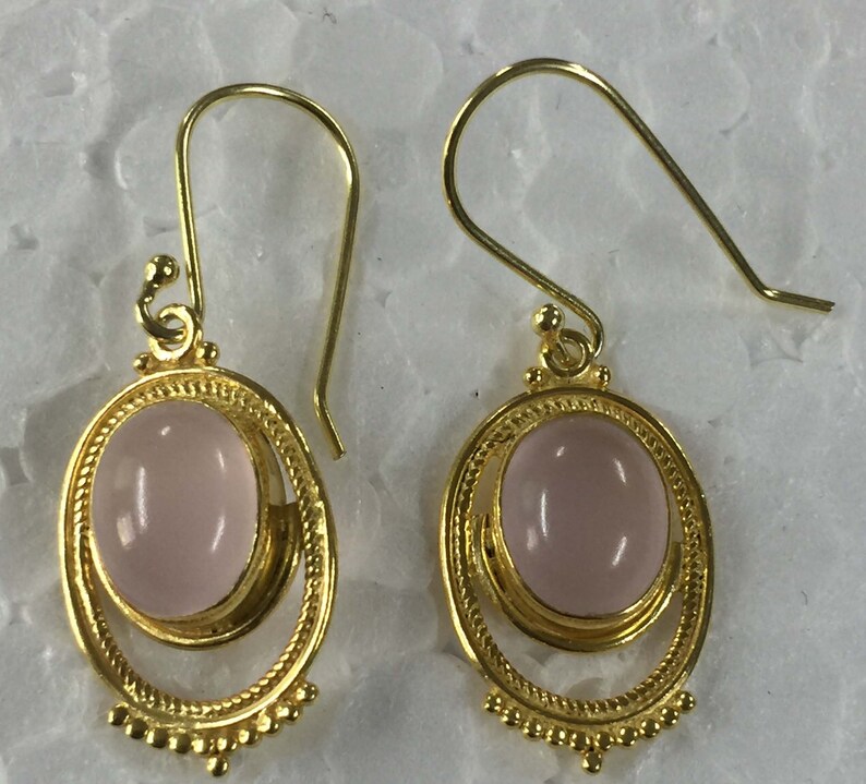 Rose Quartz Oval Handmade Design 925 Sterling Silver 18 crt Gold Plated Earring,Pink Stone Earring,Handmade Earring,Cab Stone Earring Silver