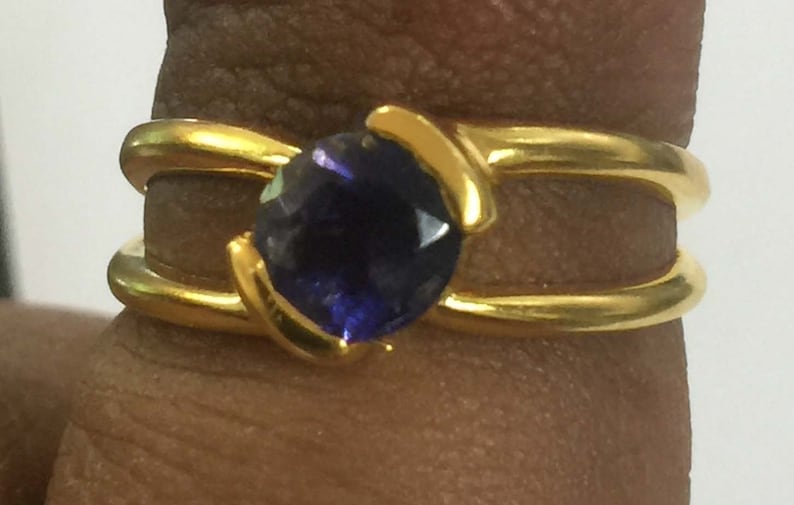 Iolite Round Cut Stone two Band 925 Sterling Silver 18 crt Gold Plated Ring Handmade Cut Stone Ring silver Iolite Cut Ring Cut Stone Ring