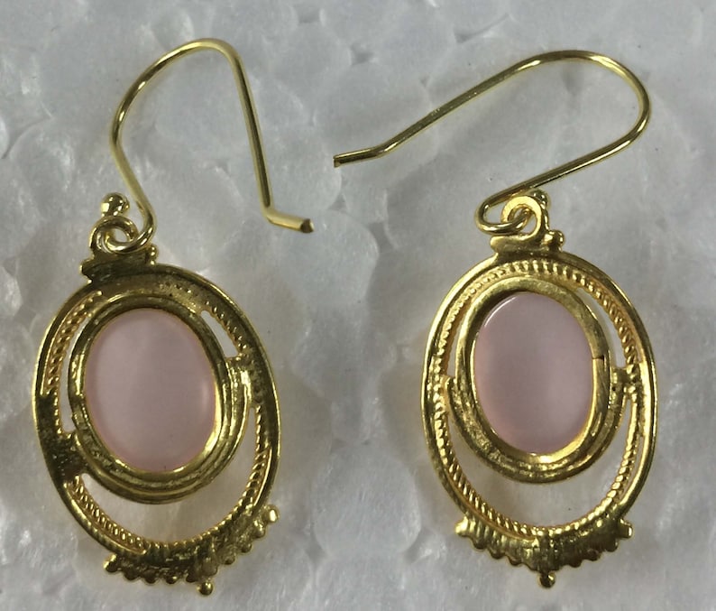 Rose Quartz Oval Handmade Design 925 Sterling Silver 18 crt Gold Plated Earring,Pink Stone Earring,Handmade Earring,Cab Stone Earring Silver