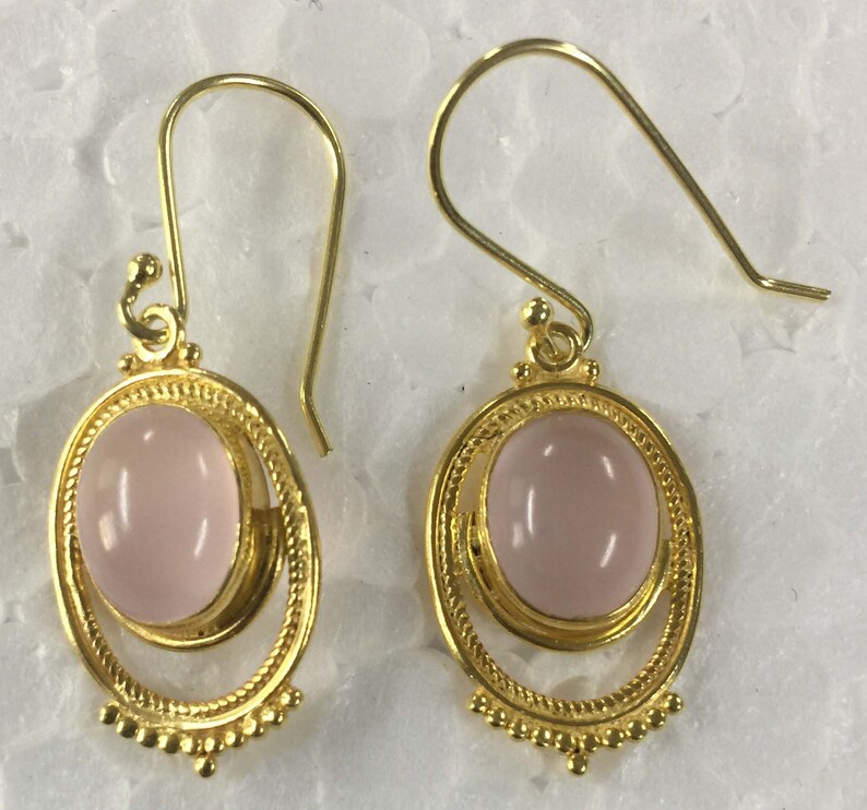Rose Quartz Oval Handmade Design 925 Sterling Silver 18 crt Gold Plated Earring,Pink Stone Earring,Handmade Earring,Cab Stone Earring Silver