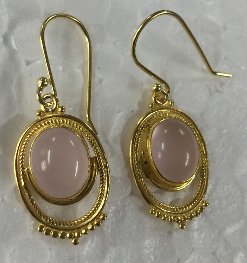 Rose Quartz Oval Handmade Design 925 Sterling Silver 18 crt Gold Plated Earring,Pink Stone Earring,Handmade Earring,Cab Stone Earring Silver