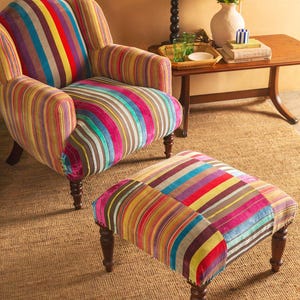 Teak Wood Chair with Ottoman, Fandango Striped Velvet Armchair & Footstool Bundle, Colorful chair, living room chair, Handmade chair