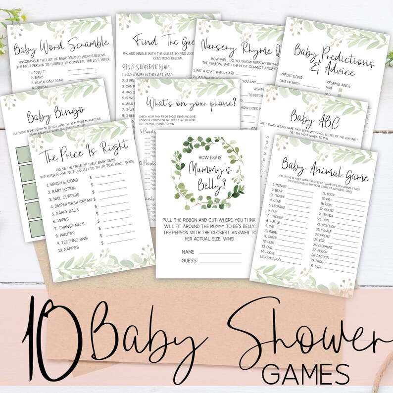 Baby Shower Game Bundle 10 Baby Shower Games Greenery Baby Etsy Australia