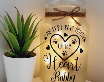 pet memorial gift, Pet loss present, in memory light jar, paw prints, fairy lights.