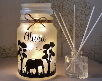 Personalised Elephant gift, Night Light Jar: Safari light.