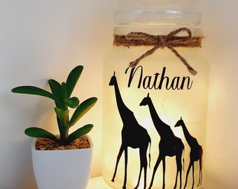 Personalised Giraffe Night Light, Safari Nursery Decor, Custom Name Jar, Jungle Baby Shower Gift, Kids Bedroom Light