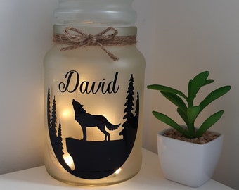 Wolf gift, wolf light, personalised wolve present, Upcycled jar, fairy lights.