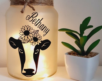 cow light, personalised Cow gift, Upcycled jar, farmyard animal present, fairy lights.