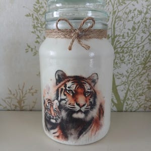 Tiger gift, storage jar, Upcycled jar, Kitchen Utensil Holder, tea, coffee, sugar caddy, tiger present, vase.