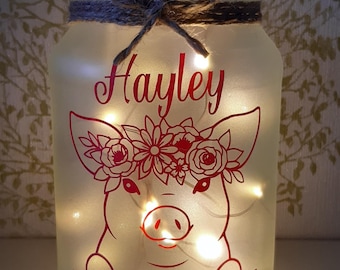 Pig light, pig lover's gift, piggy night light, personalised pig gift, recycled jar.
