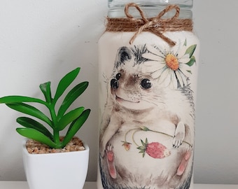 Upcycled Hedgehog Storage Jar, Decoupage Glass Canister, Woodland Cottagecore Decor, Cute Animal Jar, Rustic Kitchen Storage