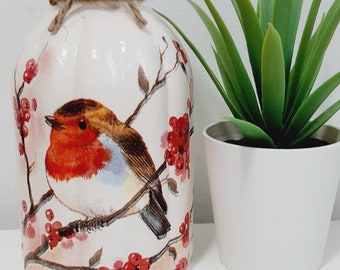 Robin design decoupaged bud vase, Robin vase, flower vase, small decoupage vase, Robin gift, Red Robin gift, Robin memorial gift.