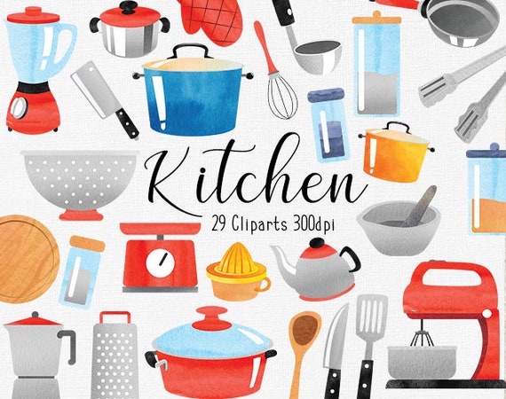 Watecolor Kitchen Supply Clipart Set Home Chef Cook Pan Pot Etsy