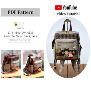 Può includere: Un modello di cucito per uno zaino fatto a mano con un tutorial video di YouTube. Lo zaino è marrone con un design trapuntato e presenta una piccola scena ricamata di due persone che camminano in un bosco. Il modello è intitolato "Backpack Anello Style" e include un link alla pagina Facebook del designer.