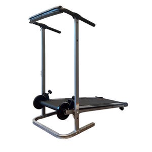 May include: A silver and black treadmill with a black running surface. The treadmill has a curved handlebar and two side handlebars. The base has two wheels for easy movement. The treadmill is designed for home exercise.