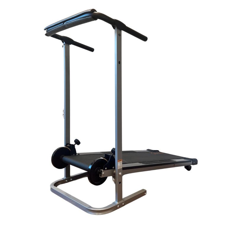 May include: A silver and black treadmill with a black running surface. The treadmill has a curved handlebar and two side handlebars. The base has two wheels for easy movement. The treadmill is designed for home exercise.