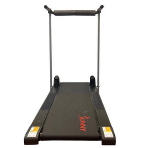 May include: A black and gray treadmill with a red "Sunny" logo. The treadmill has a black running belt, a gray frame, and a padded handle. The treadmill is designed for home exercise and fitness.