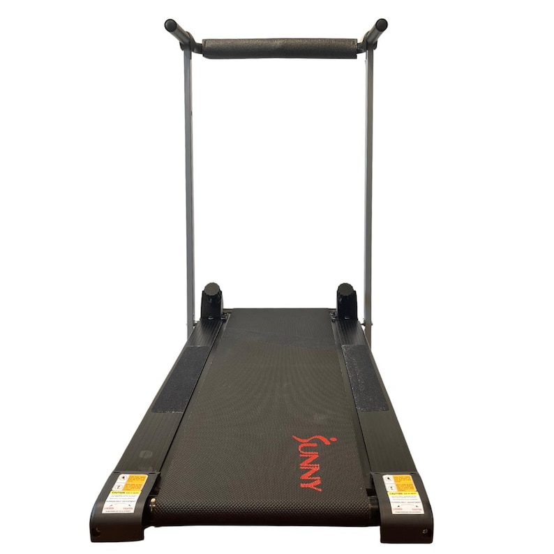 May include: A black and gray treadmill with a red "Sunny" logo. The treadmill has a black running belt, a gray frame, and a padded handle. The treadmill is designed for home exercise and fitness.