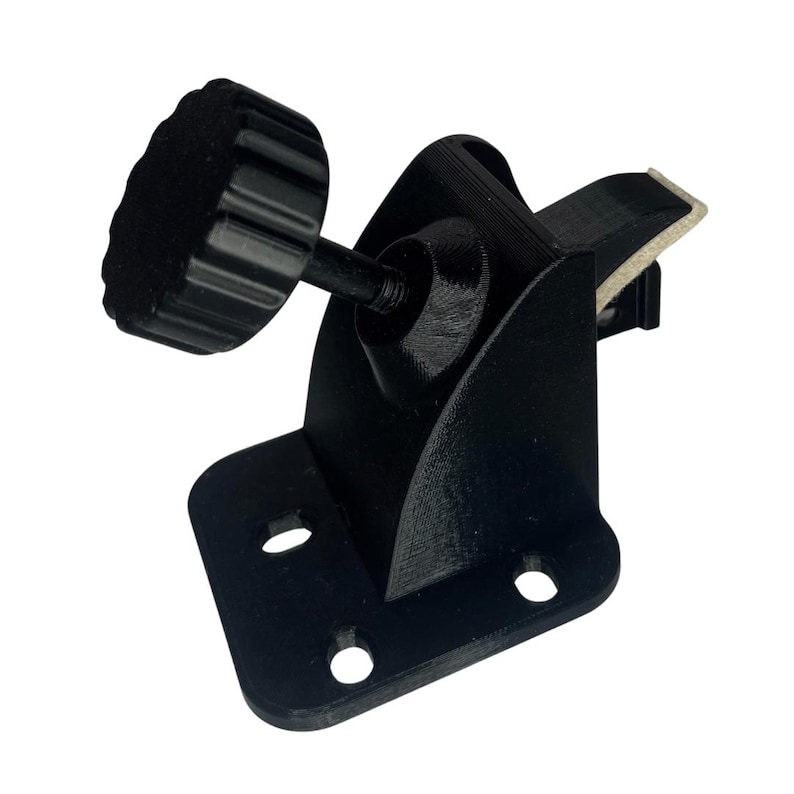May include: A black, 3D-printed bracket with a knob and a clamp. The bracket has a right-angle shape with three holes for mounting. The knob is textured for grip and is attached to a threaded rod. The clamp has a textured surface.