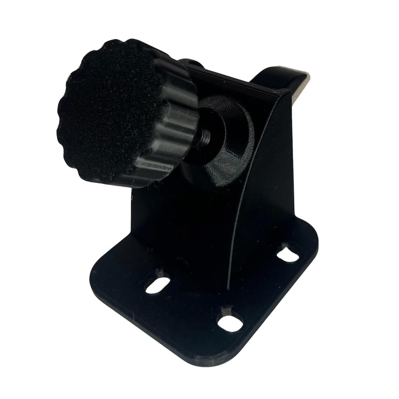 May include: Black metal bracket with a textured knob. The bracket has a right-angle design with three holes on the base for mounting. The knob is round with a ridged edge and a textured, possibly rubberized, surface.